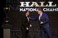 NASCAR President Steve O'Donnell (R) with Kelley Earnhardt's JRM driver, Connor Hall. Source: Getty